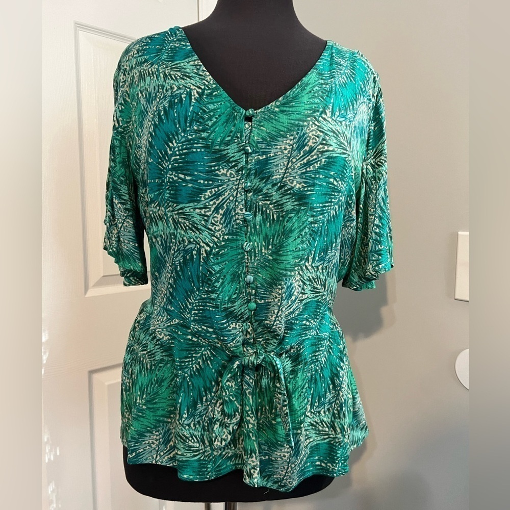 Democracy green palm leaf tie front blouse